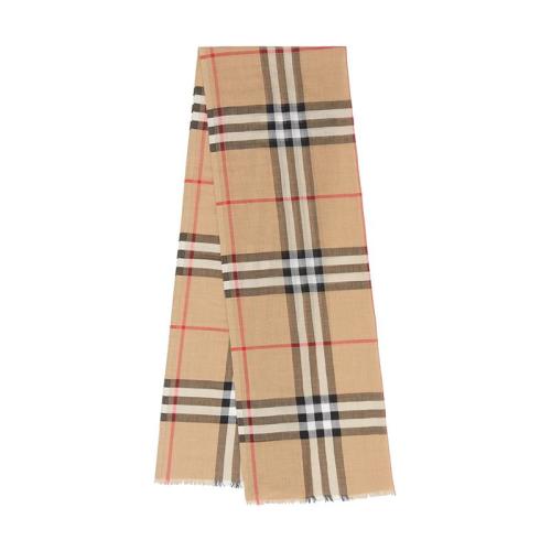 BURBERRY/博柏利 22年早春新款 男女同款典藏米色羊毛桑蚕丝混纺轻盈格纹细穗流苏围巾80184681