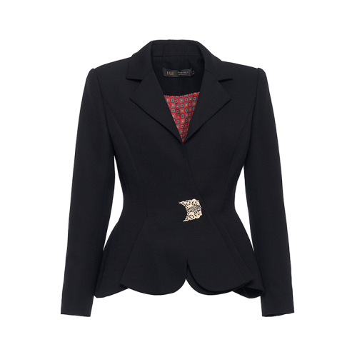 HUI/卉 女士西服2020秋季新品炭黑色外套玉兰花型下摆设计