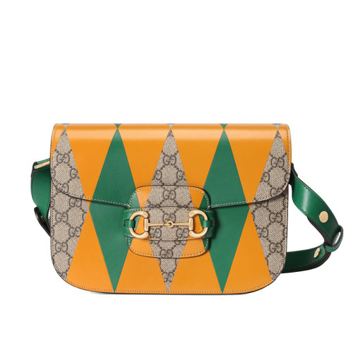 GUCCI/古驰 22新款Horsebit 1955系列 女士小号多色印花老花帆布配皮马衔扣金扣单肩斜跨包602204FAARG9754