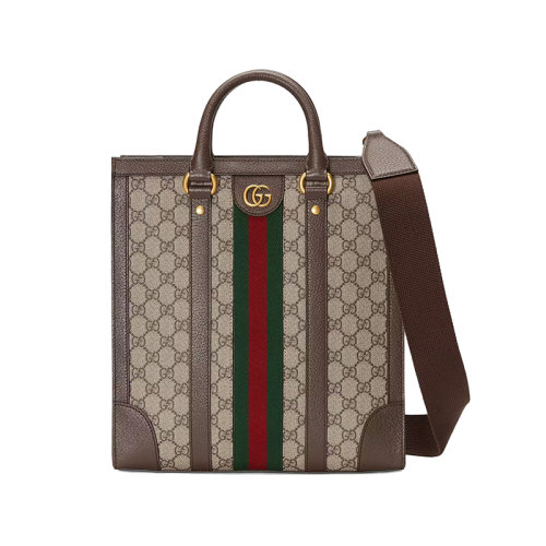 GUCCI/古驰 23春夏新款 Ophidia系列 男士中号米色/乌木色帆布棕色皮革饰面织带条纹双G钩扣调节帆布肩带单肩手提包7246859C2ST8746