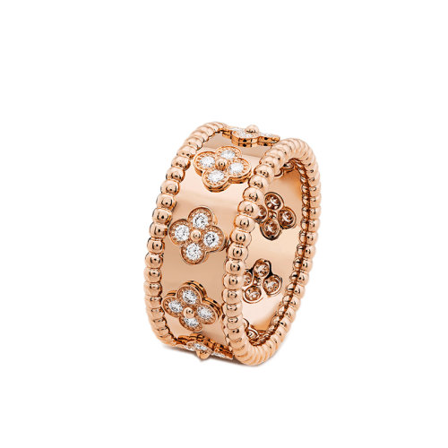 Van Cleef & Arpels/梵克雅宝 Perlée trèfles系列 小号款18K金玫瑰金三叶草图案镶嵌28颗钻石戒指指环VCARO9NB00