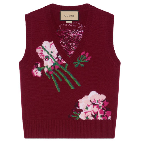GUCCI/古驰 女士酒红嵌花花朵罗纹衣领羊毛开衫?663926X12746412