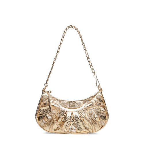 Balenciaga/巴黎世家 22新款LE CAGOLE系列 女士迷你金色小羊皮金扣饰白色水钻拉链开合单肩手提链条半月包695814210D48006