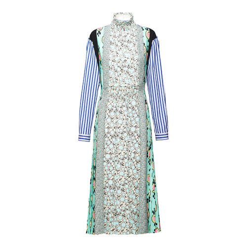 PRADA/普拉达 蓝色 女士秀款条纹拼接碎花衬衫连衣裙 P39S2R_1VVE_F0ZMG_S_201