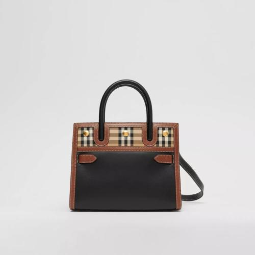  BURBERRY 22年秋冬 女士 Title - 迷你皮革拼 Vintage 格纹双提柄泰尔勒手袋 80252661 预定商品1-3周发货