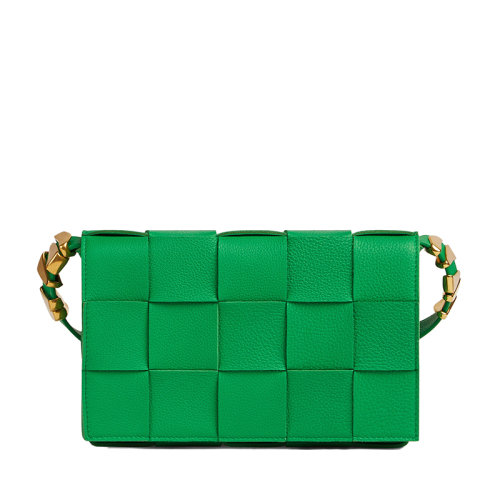 Bottega Veneta/葆蝶家 22新款Cassette系列 女士鹦鹉绿色Intreccio编织粒面牛皮革单肩斜挎包666870V17H13722