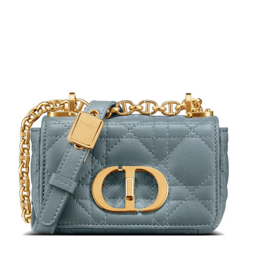 DIOR/迪奥 22春夏新款CARO系列 女士超迷你天蓝色柔软牛皮革藤格纹金扣金链单肩斜挎链条包S2022UWHC_M81B