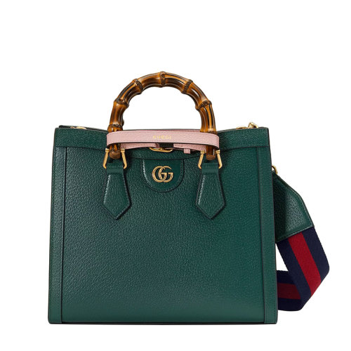 GUCCI/古驰 22春夏新款Diana系列 女士小号绿色皮革粉色饰带金扣双竹节提手红蓝肩带单肩手提托特包702721U3ZDT3670