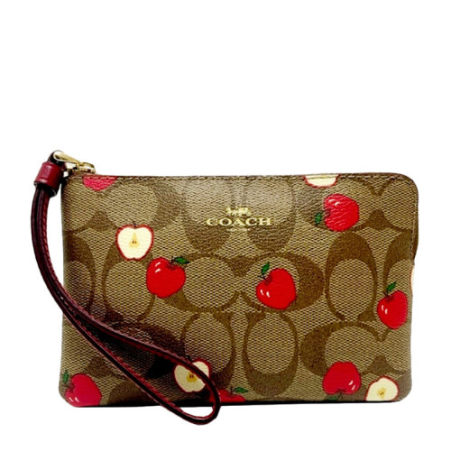 COACH/蔻驰 女士卡其配红色PVC配皮双C字母徽标苹果印花装饰拉链开合手拿包钱包手包腕包女包 F6979IME7V