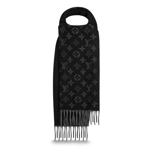 Louis Vuitton/路易威登 MONOGRAM系列 男士黑色羊绒羊毛混纺流苏logo图案围巾M71607