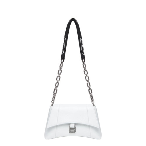 Balenciaga/巴黎世家 22春夏新款DOWNTOWN系列 女士小号白色纸感牛皮革B吊坠印花拼接链式肩带腋下单肩沙漏包 6890581I7BY9060