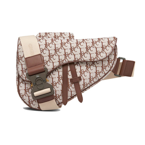 DIOR/迪奥 22新款 男士咖啡色/米色提花帆布拉链磁性翻盖开合调节尼龙提花肩带单肩斜挎马鞍包1ADPO093JOD_H24E