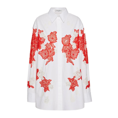 Valentino/华伦天奴 女士拼色棉府绸花卉刺绣装饰翻领长袖上衣衬衣衬衫 WB3AB2K2-5A6-Y06