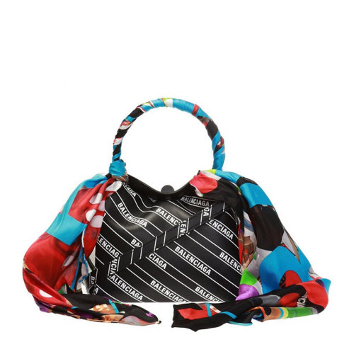 Balenciaga/巴黎世家 女士黑色牛皮字母徽标印花丝巾装饰可拆卸肩带手提包单肩包斜挎包女包 570093-0HIZ7-1085