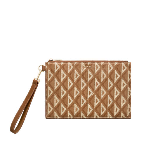 DIOR/迪奥 22春夏新款 男士咖啡色CD Diamond图案帆布光滑牛皮革A5拉链手拿包2ESCA338DCO_H24E