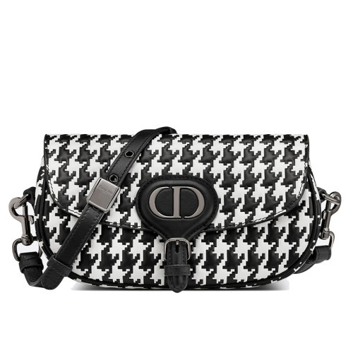 DIOR/迪奥 22新款BOBBY EAST-WEST系列 女士黑色/白色千鸟格压纹小牛皮CD银扣翻盖开合单肩斜跨包M9327BIMP_M911