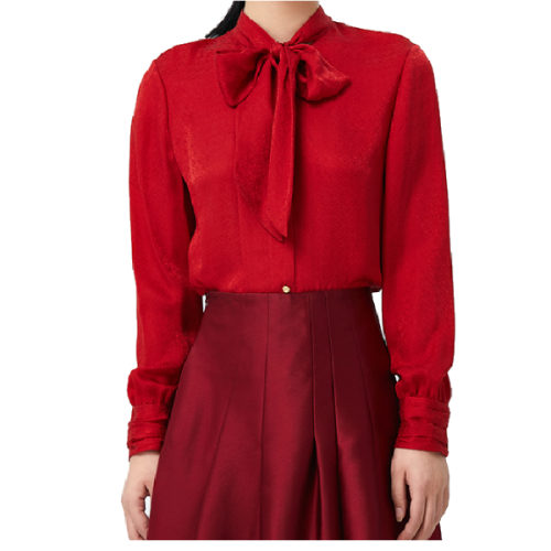 HUI/卉21年秋冬新品 胭脂红LOGO灯笼提花欧洲双织提花工艺100%重磅真丝飘带衬衣女士长袖衬衫HR41D01606