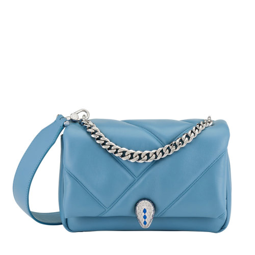 BVLGARI/宝格丽 SERPENTI CABOCHON系列 女士蓝色小牛皮蛇首扣翻盖单肩斜挎手拿包291490