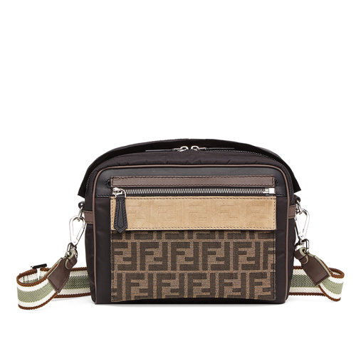 FENDI/芬迪  经典双F提花 男士棕色小牛皮拼接黑色尼龙单肩斜挎包 7VA488A7UWF19A5