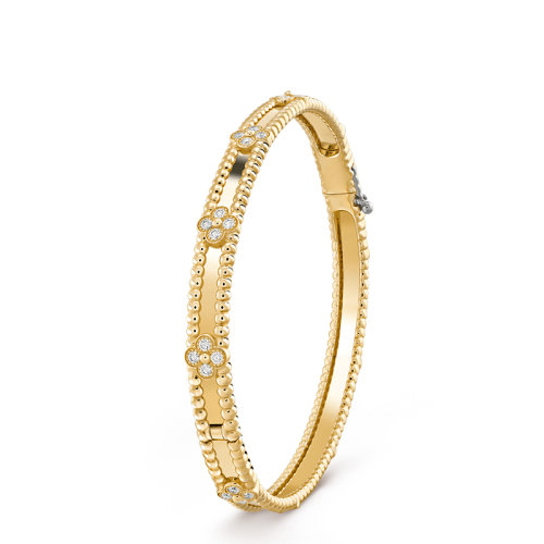 Van Cleef & Arpels/梵克雅宝 Perlée sweet trèfles系列 18K金黄金镶嵌钻石四叶草手镯VCARP6X600