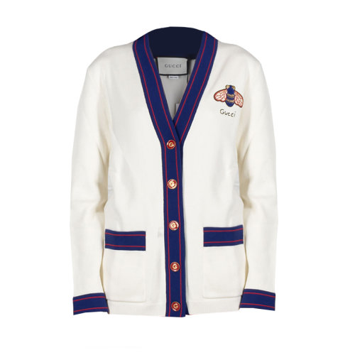 GUCCI/古驰 古琦女装 蜜蜂刺绣 女士白色织棉单排扣条纹休闲针织衫/毛衣 527189 X9X45 9101