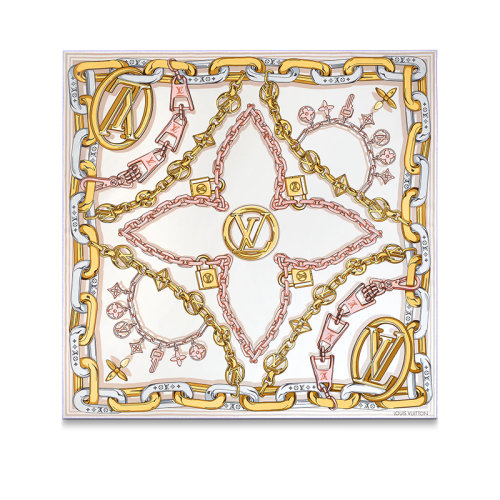 Louis Vuitton/路易威登 22年秋冬新款 BEJEWELED 90系列 女士米色桑蚕丝链带锁扣印花方巾丝巾M77655
