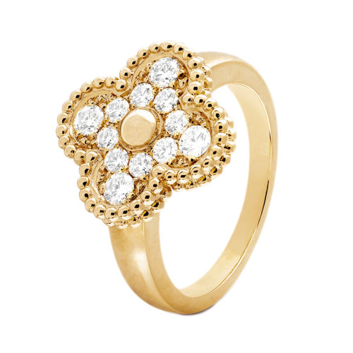 Van Cleef & Arpels/梵克雅宝 经典Vintage Alhambra系列 18k金黄金镶钻四叶草戒指VCARO26M00
