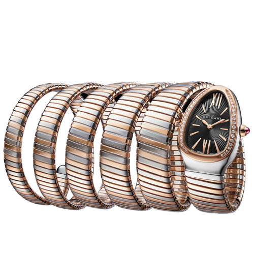 BVLGARI/宝格丽 不锈钢表壳的腕表 18K金玫瑰金表圈和金和精钢表链 镶有明亮式切割钻石 黑色烤漆表盘 SERPENTI TUBOGAS石英手表 35毫米102621