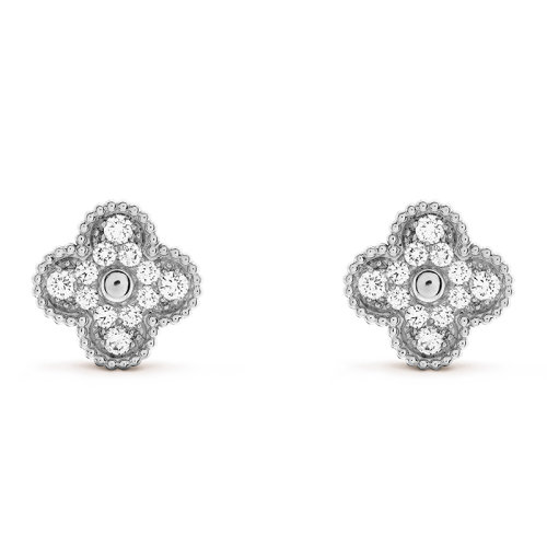 Van Cleef & Arpels/梵克雅宝 经典Vintage Alhambra系列 18k金白金镶钻石四叶草耳钉VCARA44600