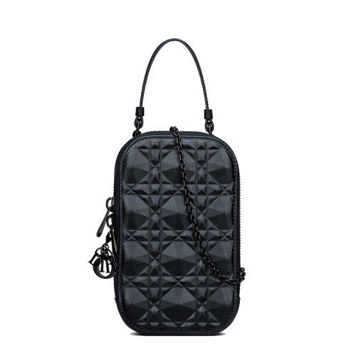 DIOR/迪奥 22春夏新款LADY DIOR系列 女士黑色棱形钻石藤格纹小牛皮黑扣黑链配可拆卸吊饰单肩手提手机包S0872SNEA_M900