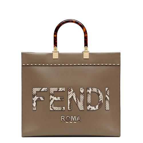 FENDI/芬迪 20  SUNSHINE 系列 女士中号灰色小牛皮有机玻璃提手蛇皮徽标印花手提单肩包8BH386AHN5F1FEN