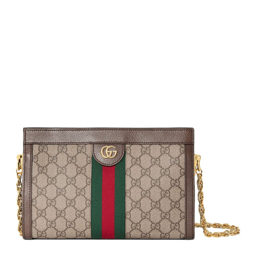 GUCCI 古驰  Ophidia系列 女士褐色帆布小号GG印花红绿条纹链条包单肩包斜挎包