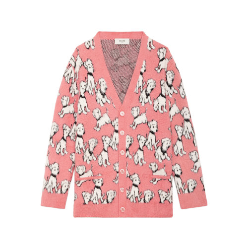 CELINE/赛琳 22年春夏新款 AMY DORIAN联名系列 男士亮粉色棉质羊毛混纺艺术家提花拉绒开衫毛衣2A94W531Q.24BP