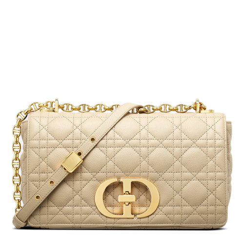 DIOR/迪奥 22春夏新款CARO系列 女士中号米色柔软牛皮革藤格纹金扣金链翻盖开合单肩斜挎链条包M9242UWHC_M39U