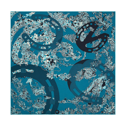 HERMES/爱马仕 22年早春新款 Carré H 100 Quatre Chevaux系列 男士蓝色羊绒真丝混纺围巾H103807T06