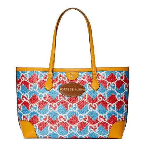 GUCCI/古驰 22新款 女士浅蓝色/红色稻草效果面料配黄色皮革GG老花Forte Dei Marmi字样刺绣手提包托特包631685UYFDG8831