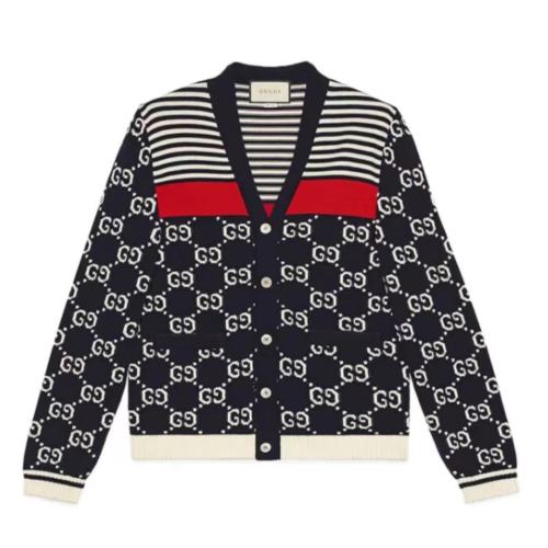 GUCCI/古驰  新款男士深蓝色和白色提花纯棉V领针织开衫523048 X9I07 4696【主推】