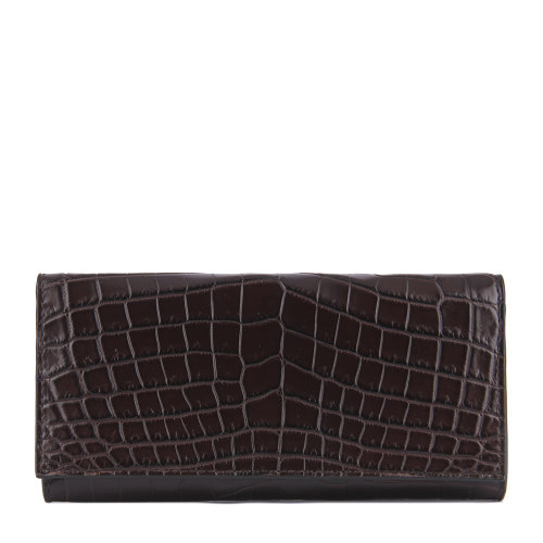 【秒发】Bottega Veneta/葆蝶家 棕色翻盖式长款鳄鱼皮钱包