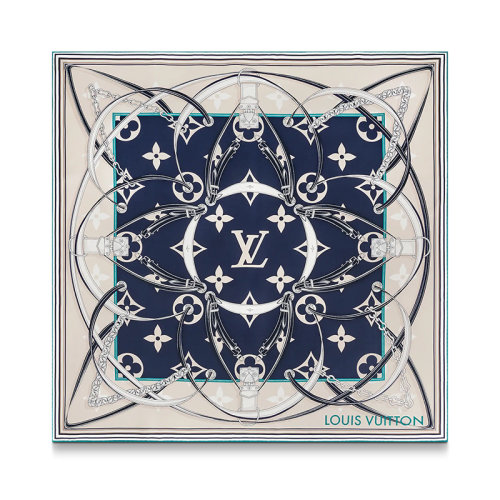 预订款一个月 Louis Vuitton/路易威登 22年秋冬新款 ULTIMATE MONOGRAM 90系列 女士午夜蓝色桑蚕丝链条和老花图案方巾丝巾M77776