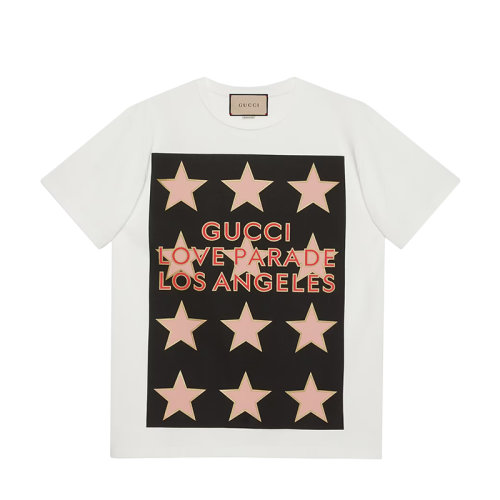 GUCCI/古驰 22年春夏新款 爱的进行曲系列 男士象牙白色纯棉Love Parade星星印花短袖T恤548334XJEQI9275