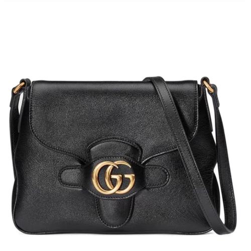 GUCCI/古驰 新款女士小号黑色皮革复古双G金饰翻盖斜挎单肩包6489341U10T