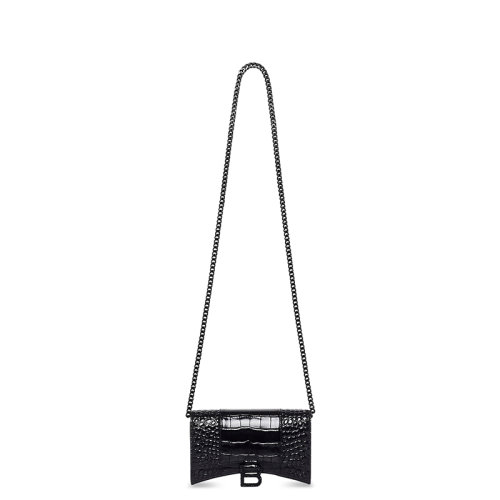 Balenciaga/巴黎世家 22新款Hourglass系列 女士黑色小牛皮鳄鱼压纹柳钉翻扣链条肩带单肩沙漏钱包6560502UDF71000