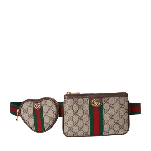GUCCI/古驰 22春夏新款Ophidia系列 女士米色/乌木色老花帆布红绿织带配金扣心形和矩形腰包 69880596IWG8745