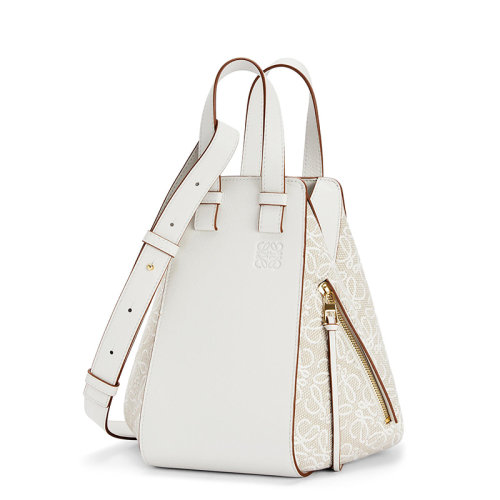 LOEWE/罗意威  Hammock系列 女士小号本色/柔白Anagram提花帆布小牛皮可拆卸可调肩带单肩斜挎手提包0010562171