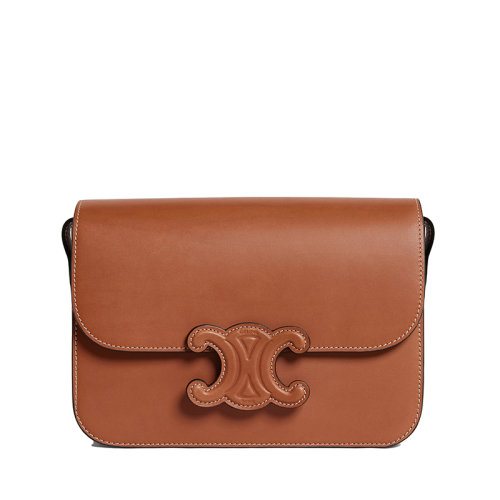CELINE/赛琳 22新款CUIR TRIOMPHE系列 女士中号黄褐色牛皮革同色系凯旋扣翻盖开合单肩斜挎包199223BFN.04LU