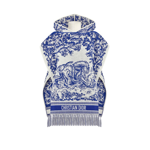 DIOR/迪奥 22年秋冬新款 女士象牙色/荧光蓝色纯棉Sauvage茹伊印花连帽披风14JOU370I900_C506