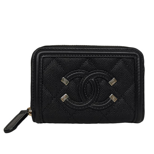 CHANEL/香奈儿 经典款黑色鱼子纹小牛皮双C拉链短款钱包