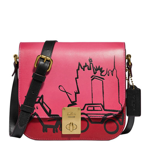COACH/蔻驰  HUTTON系列女士玫红色小牛皮拼接涂层帆布抽象天际线马车涂鸦印花旋钮开合翻盖单肩包斜挎包马鞍包女包 5464B4RKK