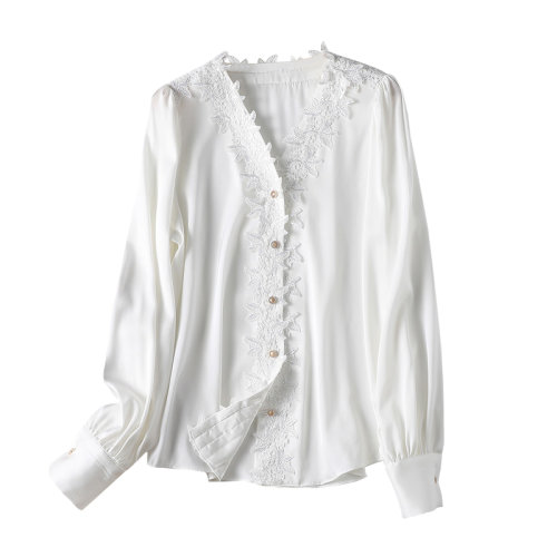 GeleiStory/GeleiStory 春夏新款轻奢美立体花朵珠片刺绣V领长袖真丝衬衫女蚕丝上衣女装女士衬衫＞女士长袖衬衫