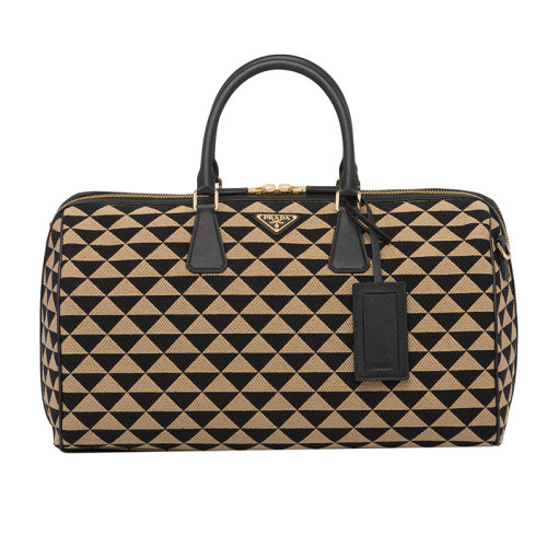 PRADA/普拉达 22新款Symbole系列 男士黑色/米色三角双色拼接效果织物配皮徽标金扣单肩手提包2VC034_2FKL_F0Y30_V_OOO